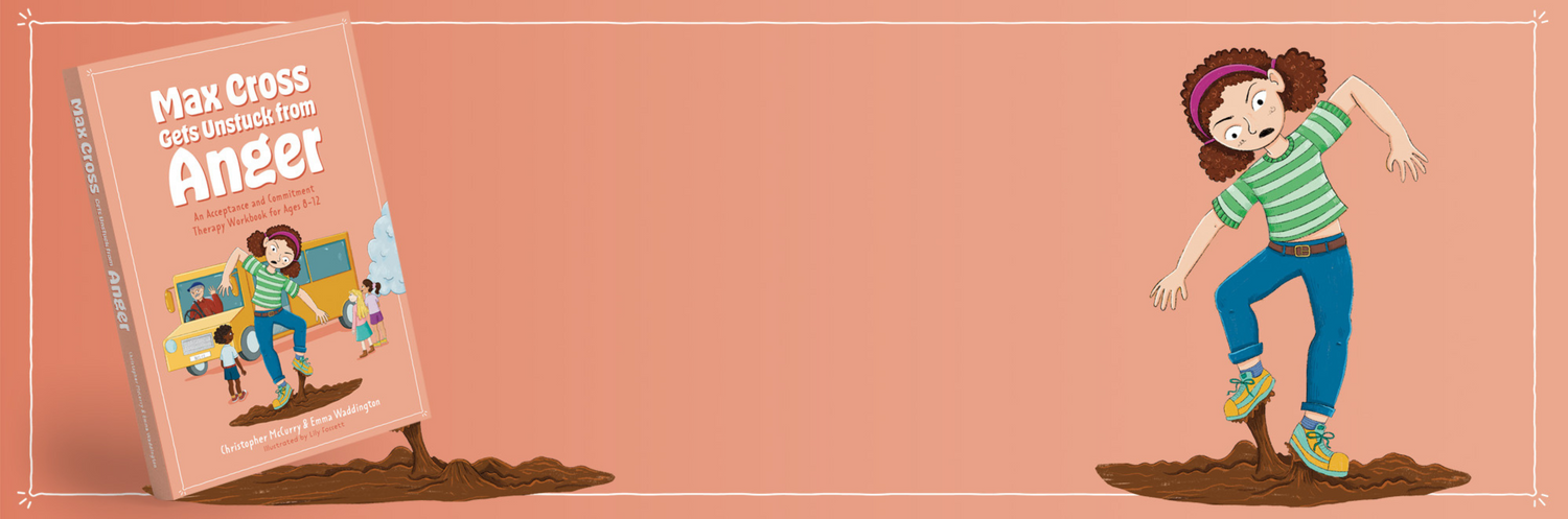 A salmon background with a thin white lined border. On the left is the cover for the book 'Max Cross Gets Unstuck from Anger' with sticky mud on the bottom of the book. On the right is an illustration from the book's cover of a girl stepping in mud. 