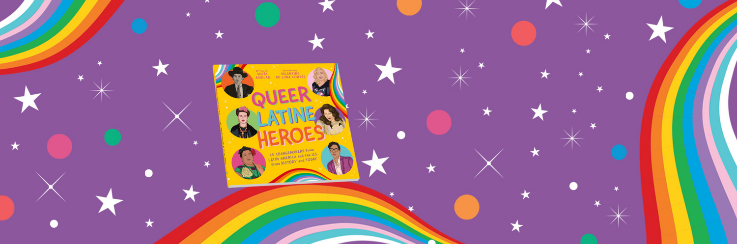 Book cover for Queer Latine Heroes on a purple background filled with coloured circles, white stars and rainbow paths